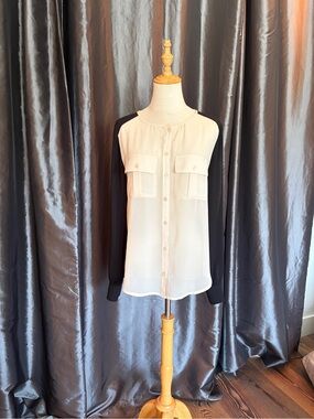 Sanctuary Sheer Ivory Bodice Black Sleeve Button-Down Blouse
